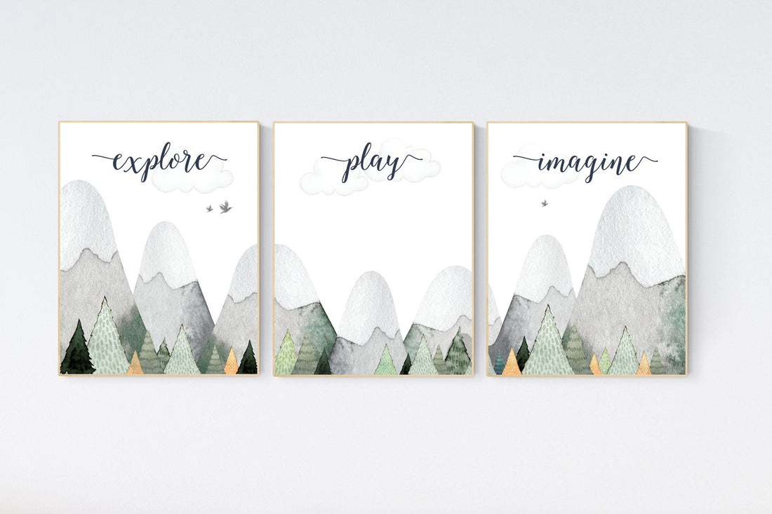 Nursery decor boy mountain, sage green, adventure nursery, adventure theme nursery, woodland, gender neutral, explore, play, imagine, olive