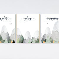 Nursery decor boy mountain, sage green, adventure nursery, adventure theme nursery, woodland, gender neutral, explore, play, imagine, olive