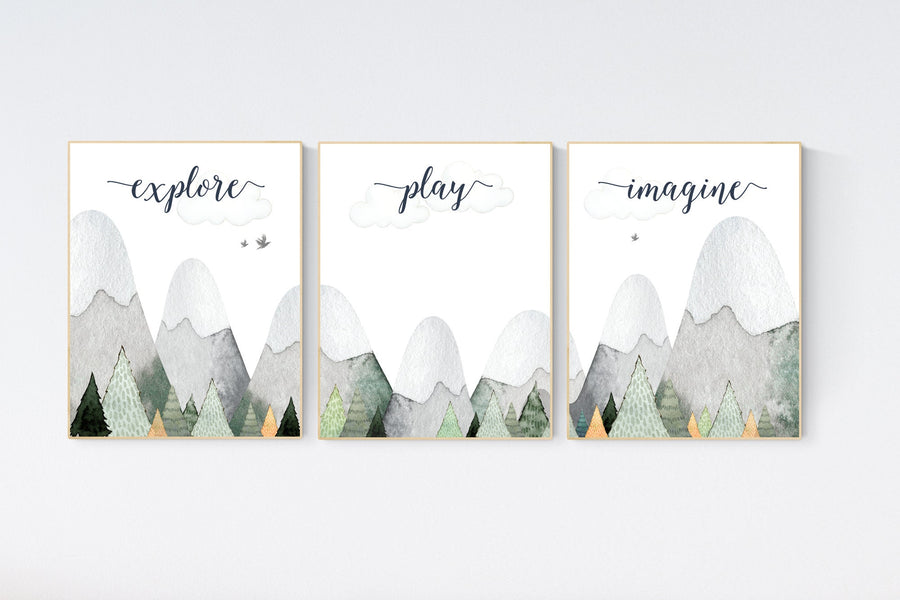 Nursery decor boy mountain, sage green, adventure nursery, adventure theme nursery, woodland, gender neutral, explore, play, imagine, olive