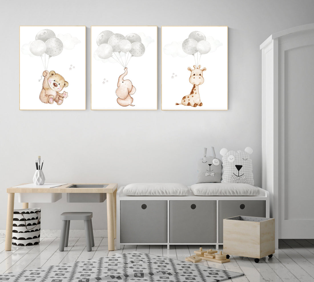 Nursery wall art animals, gray nursery, gender neutral nursery, neutral nursery, baby room decor, bear, elephant, giraffe, animal prints