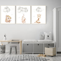 Nursery wall art animals, gray nursery, gender neutral nursery, neutral nursery, baby room decor, bear, elephant, giraffe, animal prints