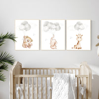 Nursery wall art animals, gray nursery, gender neutral nursery, neutral nursery, baby room decor, bear, elephant, giraffe, animal prints