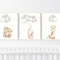 Nursery wall art animals, gray nursery, gender neutral nursery, neutral nursery, baby room decor, bear, elephant, giraffe, animal prints