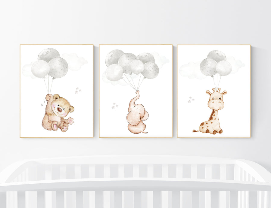 Nursery wall art animals, gray nursery, gender neutral nursery, neutral nursery, baby room decor, bear, elephant, giraffe, animal prints