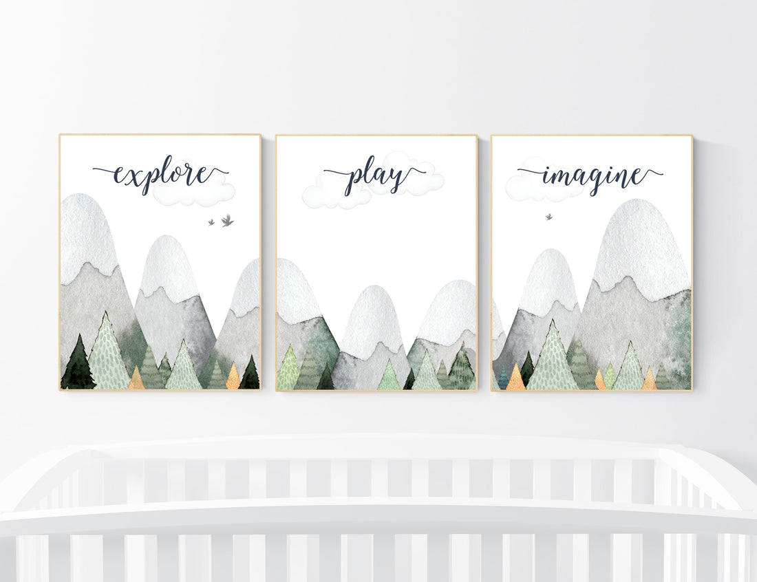 Nursery decor boy mountain, sage green, adventure nursery, adventure theme nursery, woodland, gender neutral, explore, play, imagine, olive