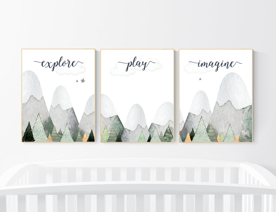 Nursery decor boy mountain, sage green, adventure nursery, adventure theme nursery, woodland, gender neutral, explore, play, imagine, olive