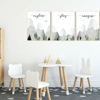 Nursery decor boy mountain, sage green, adventure nursery, adventure theme nursery, woodland, gender neutral, explore, play, imagine, olive