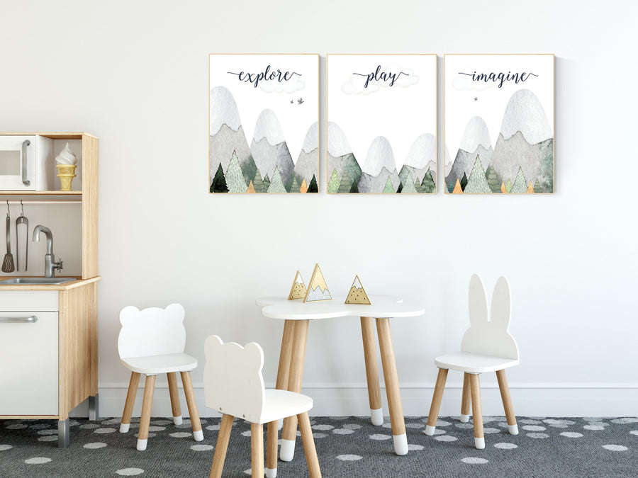 Nursery decor boy mountain, sage green, adventure nursery, adventure theme nursery, woodland, gender neutral, explore, play, imagine, olive