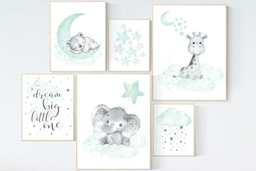 Nursery decor mint, mint green nursery, elephant, giraffe, bear nursery, dream big little one, gender neutral nursery, cloud