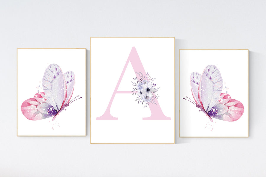 Nursery decor girl butterfly, pink and purple nursery, pink lilac nursery, girl room prints, baby girl nursery wall art butterfly wall art