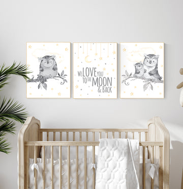 Nursery decor yellow, Nursery decor owl, gender neutral nursery decor, owl nursery, we love you to the moon and back, owl print for nursery