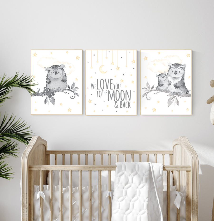 Nursery decor yellow, Nursery decor owl, gender neutral nursery decor, owl nursery, we love you to the moon and back, owl print for nursery