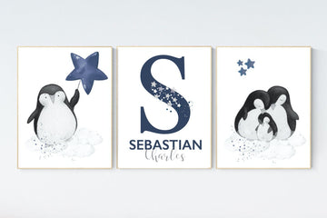 Navy nursery decor, penguin nursery, cloud and stars, navy blue nursery art. baby room wall art, boy nursery decor, nursery wall art penguin