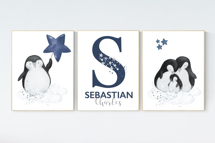 Navy nursery decor, penguin nursery, cloud and stars, navy blue nursery art. baby room wall art, boy nursery decor, nursery wall art penguin