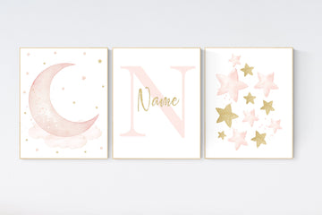 Nursery prints rainbow, blush Nursery decor girl, blush gold nursery wall art, blush pink, moon star, cloud, nursery wall art, sun nursery