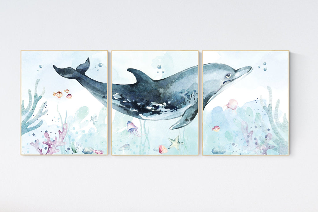 Under the sea wall art, whale nursery, Ocean nursery decor, Nautical nursery print set, under the sea nursery, gender neutral nursery