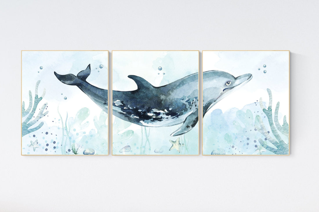 Whale nursery, Ocean nursery decor, Under the sea wall art, Nautical nursery print set, under the sea nursery, gender neutral nursery