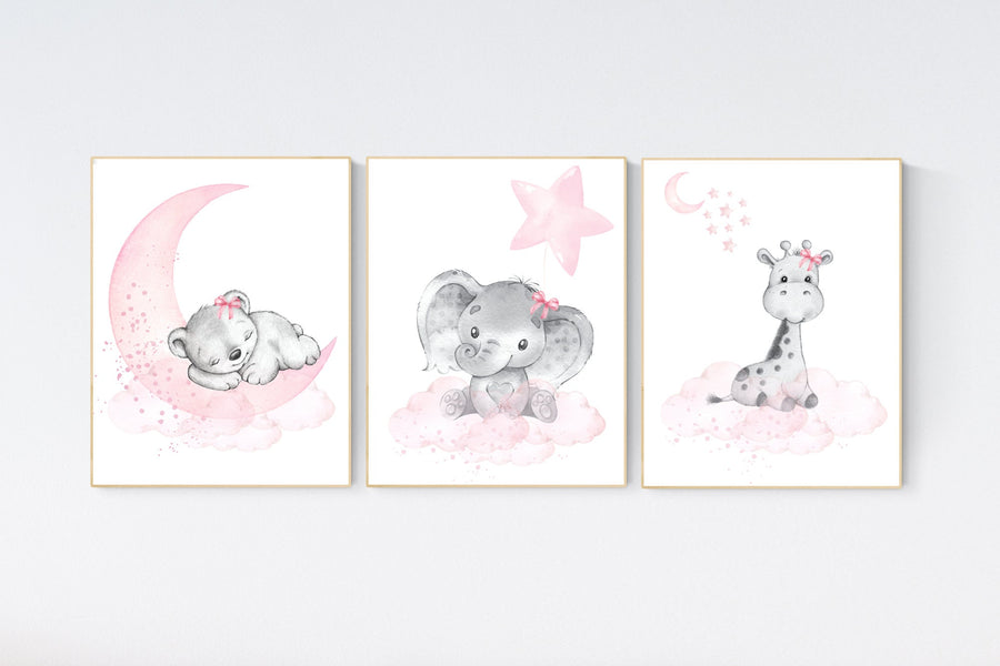 Animal nursery, nursery decor girl pink gray, nursery decor girl woodland animals, teddy bear, elephant, giraffe, baby girl nursery prints