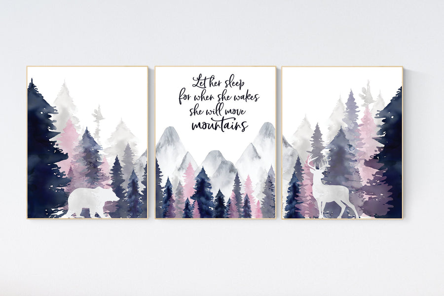 Nursery decor woodland, mountain wall art, tree nursery decor, adventure theme nursery, forest, navy and pink, woodland animals, navy pink