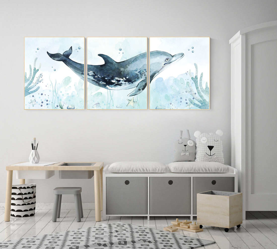 Whale nursery, Ocean nursery decor, Under the sea wall art, Nautical nursery print set, under the sea nursery, gender neutral nursery