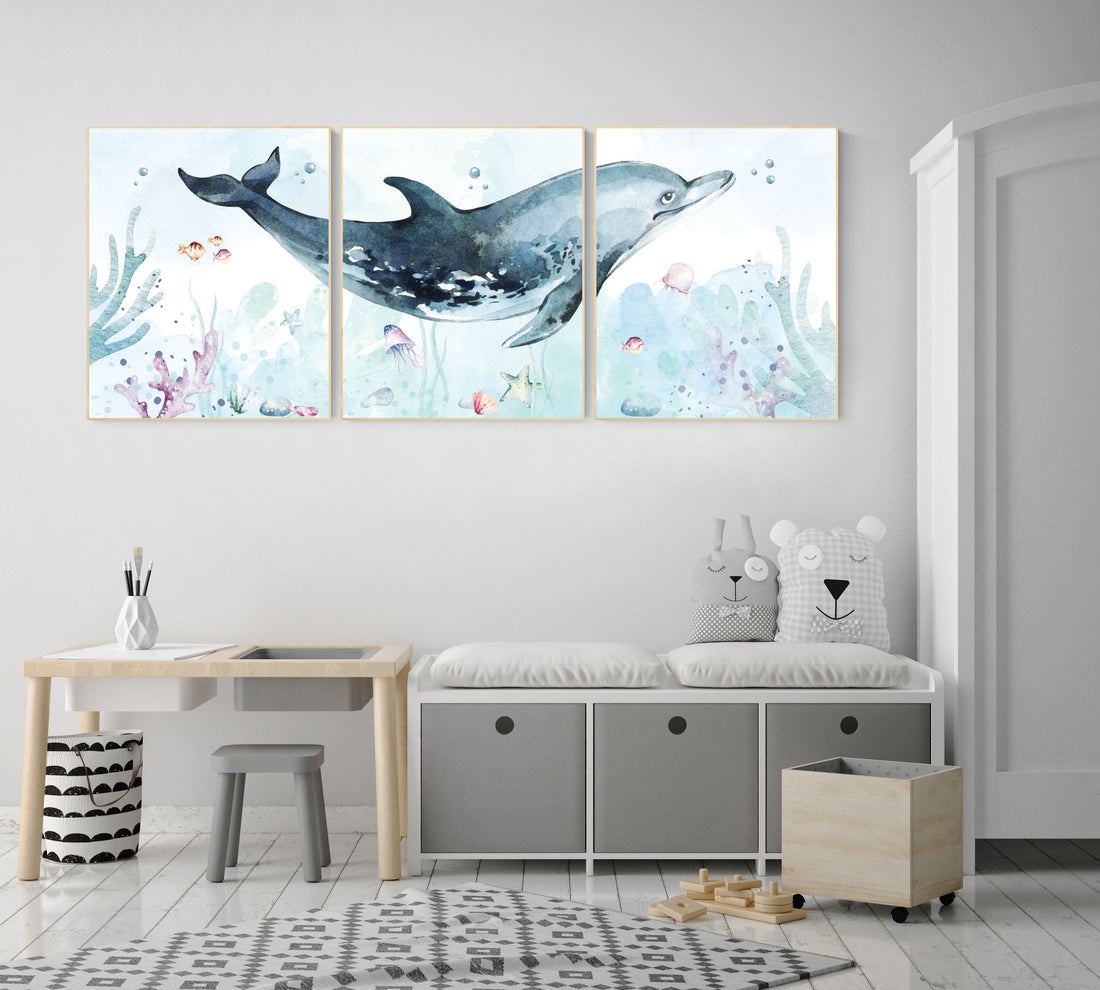 Under the sea wall art, whale nursery, Ocean nursery decor, Nautical nursery print set, under the sea nursery, gender neutral nursery