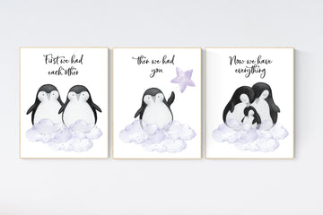 Penguin nursery, cloud and stars, purple nursery art. baby room wall art, nursery wall art penguin, lilac, lavender, nursery wall art