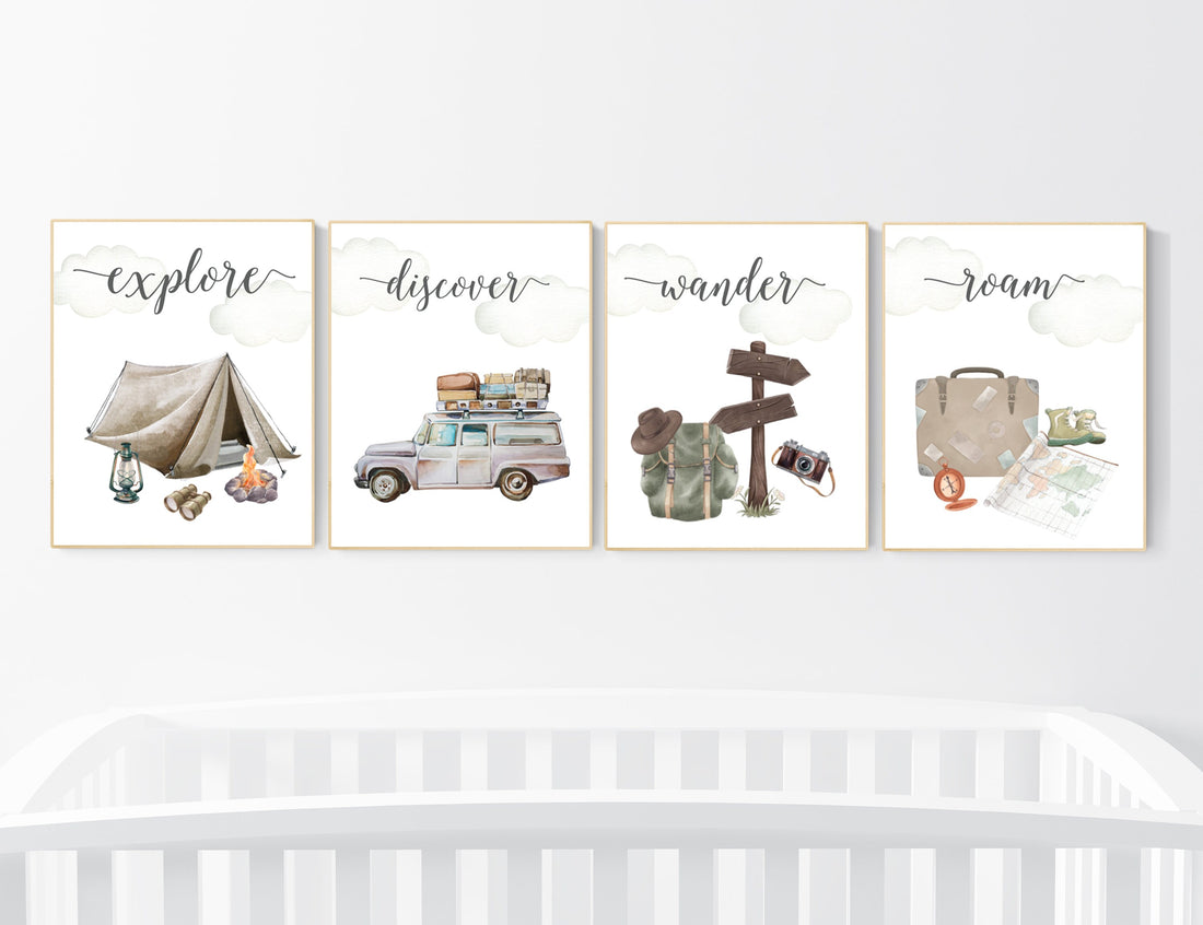 Travel nursery print, Explore nursery wall art, Baby boy nursery, Adventure Set of 6 prints, Camping Prints, Adventure Nursery Decor