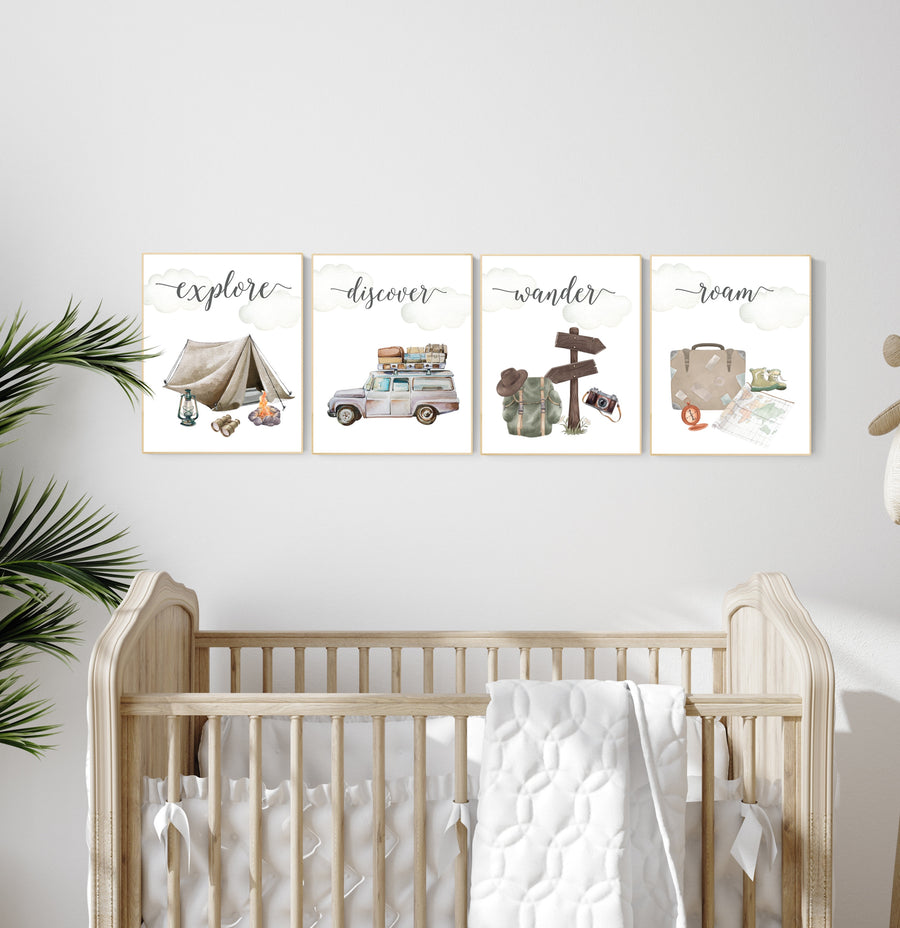 Travel nursery print, Explore nursery wall art, Baby boy nursery, Adventure Set of 6 prints, Camping Prints, Adventure Nursery Decor