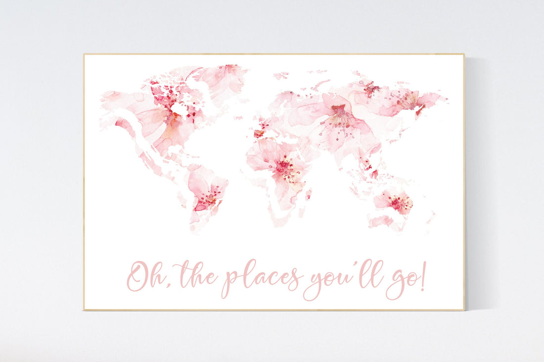 Floral World Map, Girl Nursery Decor, Travel Nursery Art, floral Nursery Print,  blush nursery, Nursery baby girl room, Adventure Awaits