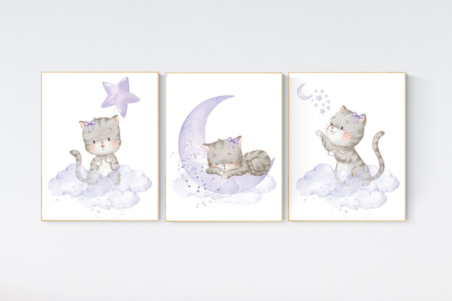 Nursery decor girl purple, cat nursery, Nursery decor girl lavender and gray, kitten nursery, girl nursery decor, cats print for nursery