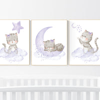 Nursery decor girl purple, cat nursery, Nursery decor girl lavender and gray, kitten nursery, girl nursery decor, cats print for nursery