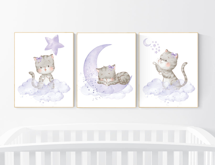 Nursery decor girl purple, cat nursery, Nursery decor girl lavender and gray, kitten nursery, girl nursery decor, cats print for nursery