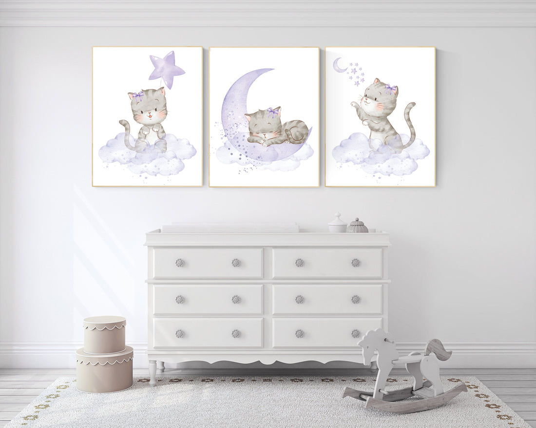 Nursery decor girl purple, cat nursery, Nursery decor girl lavender and gray, kitten nursery, girl nursery decor, cats print for nursery