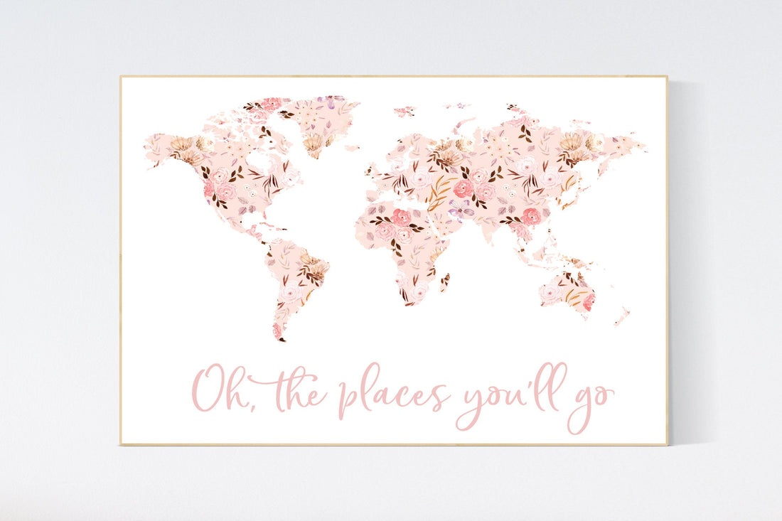 Floral World Map, Girl Nursery Decor, Travel Nursery Art, floral Nursery Print,  blush nursery, Nursery baby girl room, Adventure Awaits
