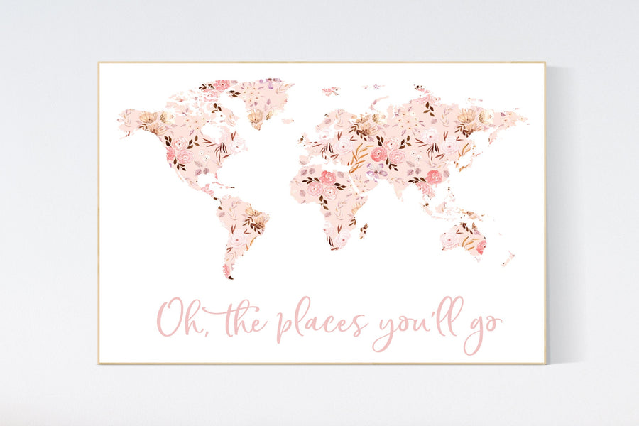 Floral World Map, Girl Nursery Decor, Travel Nursery Art, floral Nursery Print,  blush nursery, Nursery baby girl room, Adventure Awaits