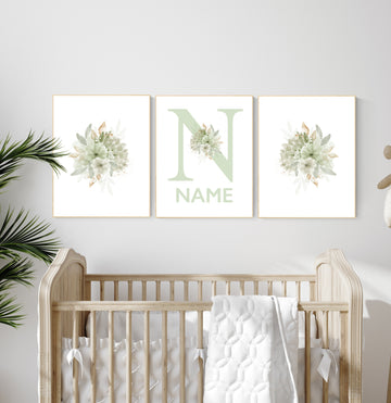 Nursery decor girl flowers, green flowers, herbal, green, mint green, sage green and gold, Nursery decor girl name, girl nursery wall decor