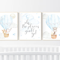 Nursery decor boy, baby blue nursery, hot air balloon nursery, oh the places you'll go, animal nursery, boy nursery wall art, boys room