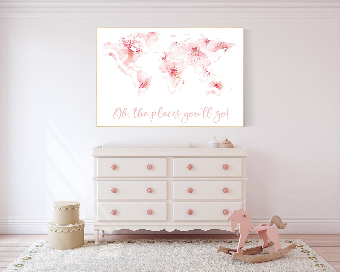 Floral World Map, Girl Nursery Decor, Travel Nursery Art, floral Nursery Print,  blush nursery, Nursery baby girl room, Adventure Awaits