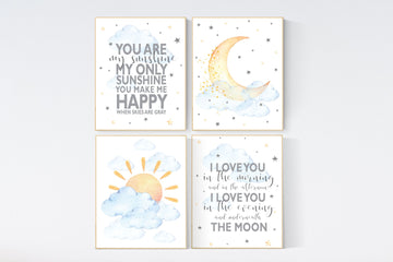 Nursery decor gender neutral, You are my sunshine, sun, cloud, baby room decor, blue yellow, nursery decor neutral, neutral nursery art