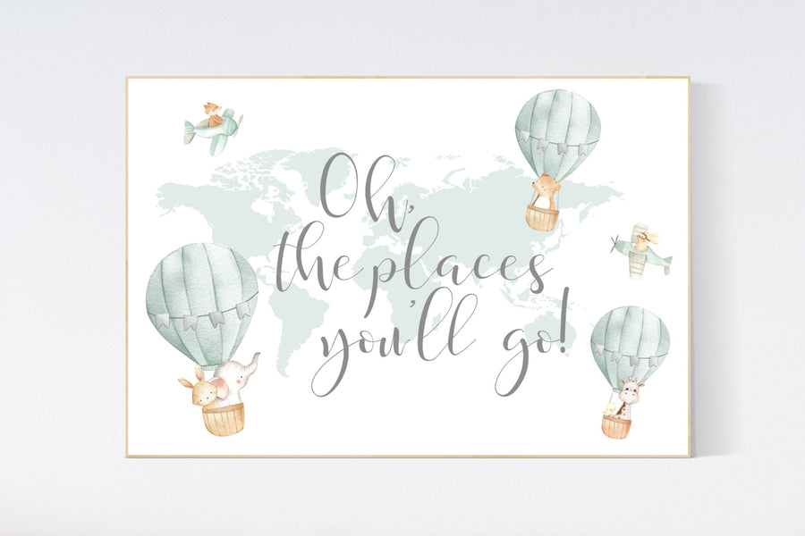Hot air balloon nursery, Nursery decor neutral, gender neutral, animal nursery, woodland animals, sage green, green nursery, animal prints