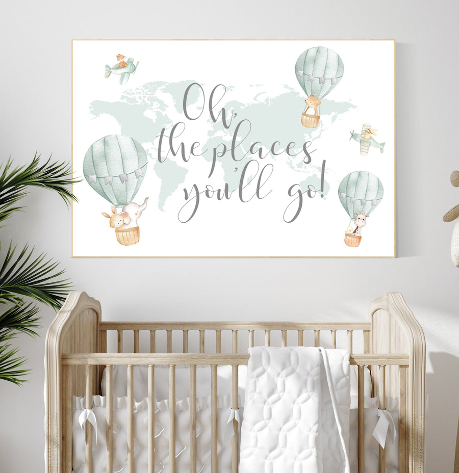 Hot air balloon nursery, Nursery decor neutral, gender neutral, animal nursery, woodland animals, sage green, green nursery, animal prints