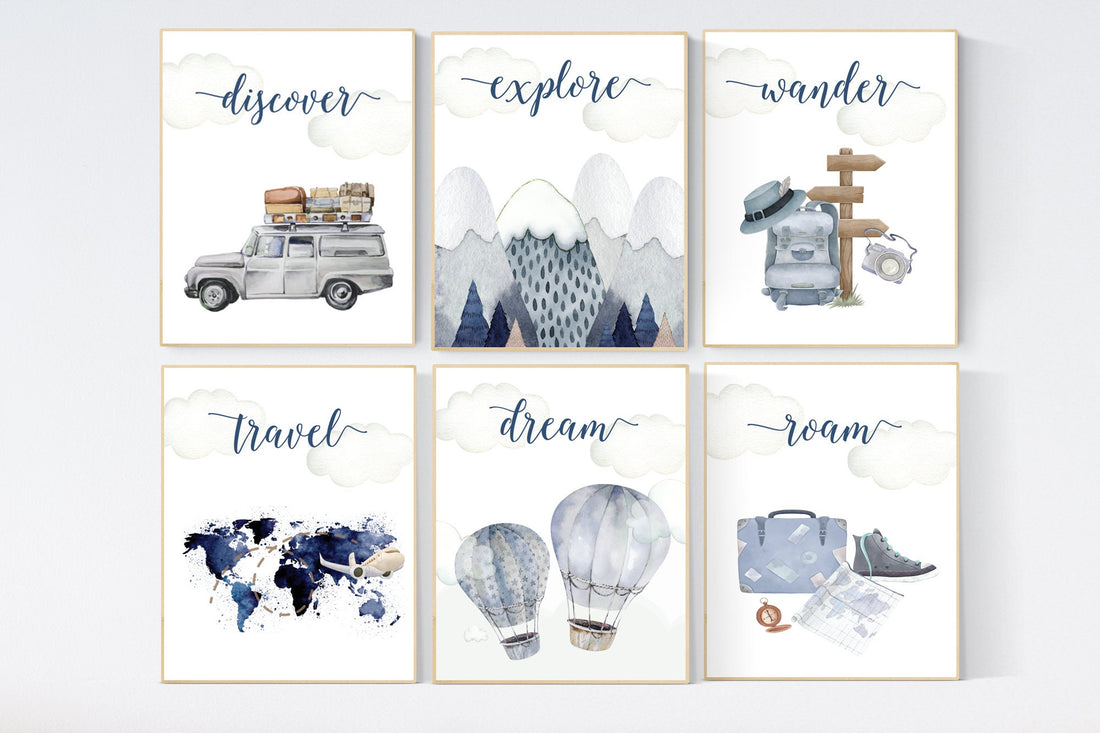 Travel nursery print, Explore nursery wall art, Baby boy nursery, Adventure Set of 6 prints, Camping Prints, Adventure Nursery Decor