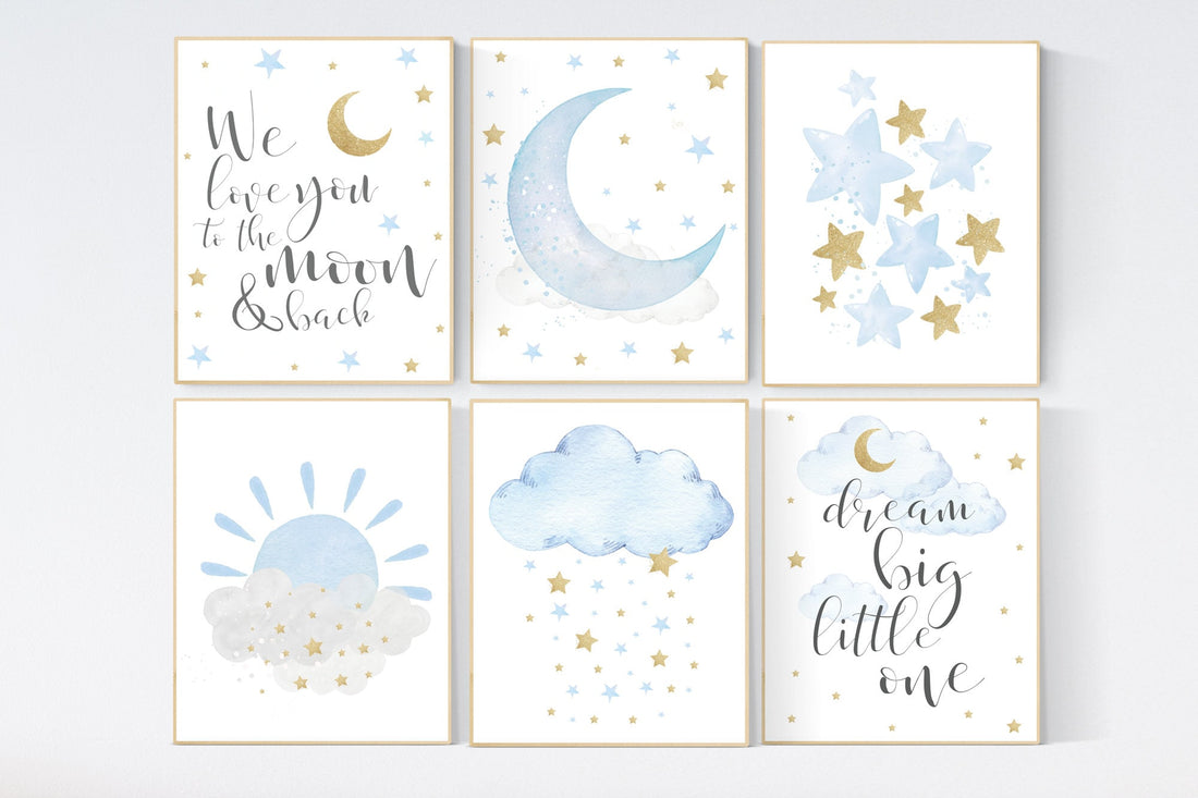 Nursery decor boy, blue and gold nursery, boys room decor, blue nursery wall art, cloud and stars, baby room decor, set of 6 pieces