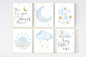 Nursery decor boy, blue and gold nursery, boys room decor, blue nursery wall art, cloud and stars, baby room decor, set of 6 pieces