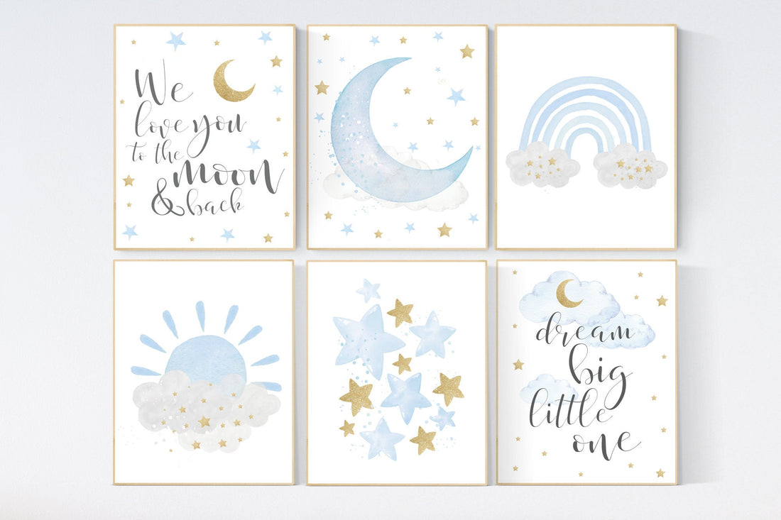 Nursery decor boy, blue and gold nursery, rainbow nursery, boys room decor, blue nursery wall art, cloud and stars, baby room decor
