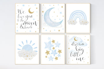 Nursery decor boy, blue and gold nursery, rainbow nursery, boys room decor, blue nursery wall art, cloud and stars, baby room decor