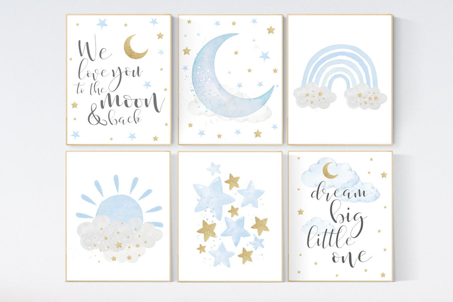 Nursery decor boy, blue and gold nursery, rainbow nursery, boys room decor, blue nursery wall art, cloud and stars, baby room decor