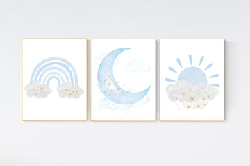 Nursery decor boy, Blue and gold, blue nursery decor, cloud and stars, rainbow nursery, moon and stars, baby blue, gold nursery art