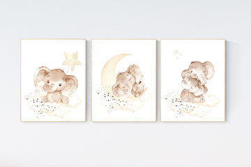 Gender neutral nursery, elephant nursery wall art, moon and stars, gender neutral, beige nursery art, baby room decor, neutral colors