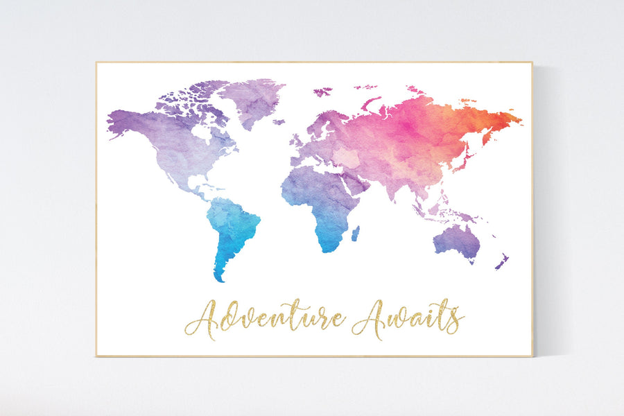 Adventure awaits, World Map poster, world map wall art, nursery wall art, pink purple, mint, gold, nursery decor gender neutral